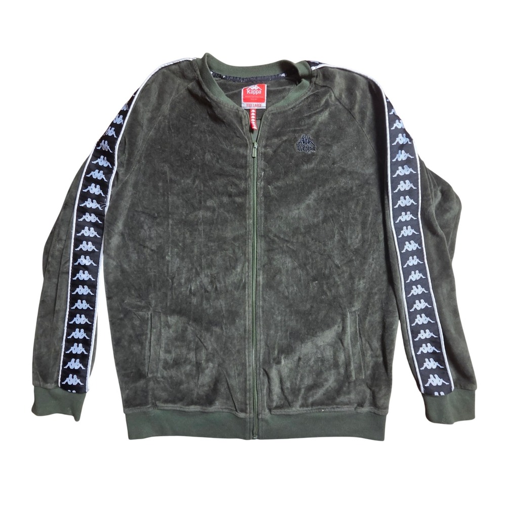Kappa Mens Benetti Velour Track Jacket Logo Tape Zip Up 3XL Olive Streetwear